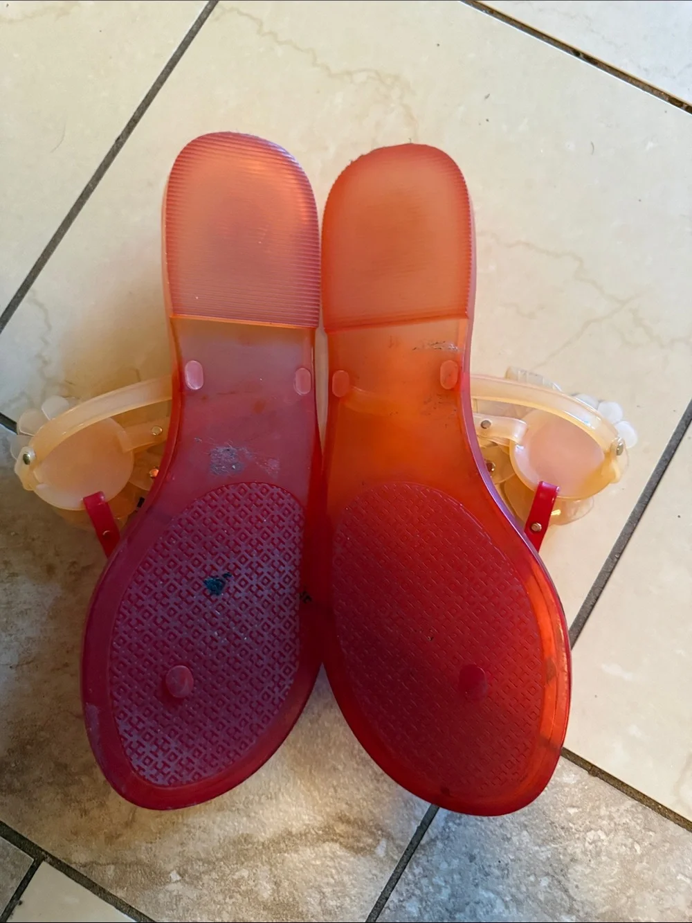 Tory Burch Transparent Pink Jelly Flip Flops with Peach Floral Accent - Picture 4 of 4